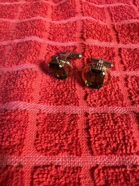 Green Faceted Glass Stone Cufflinks in Gold-Tone Setting